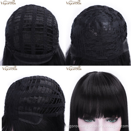 Vigorous 14 inches Cheap Short Straight Black Bob Hair Wig Synthetic Wigs With Neat Bang for Black Women HighTemperature